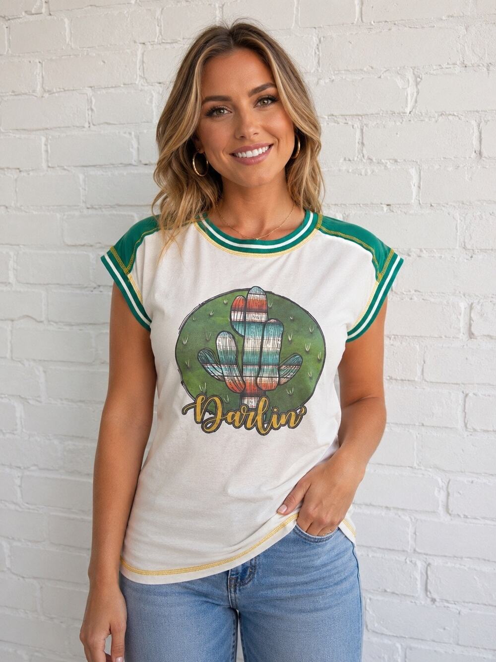Delila Texas Darlin’ Cactus Graphic Tee Top White Green Cap Sleeve Size L NWT